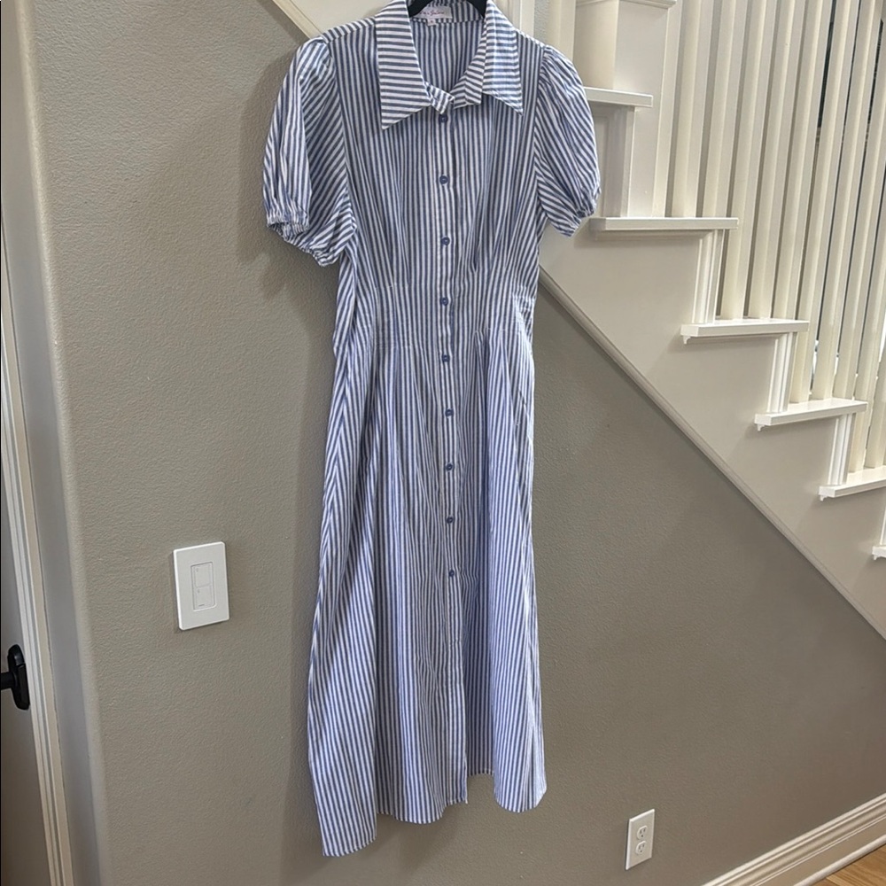 Blue & White Vertical-Stripe Maxi Shirt Dress